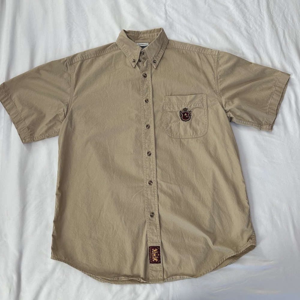Walt‎ Disney World Mens Medium Short Sleeve Button Up Shirt Brown Mickey Crest